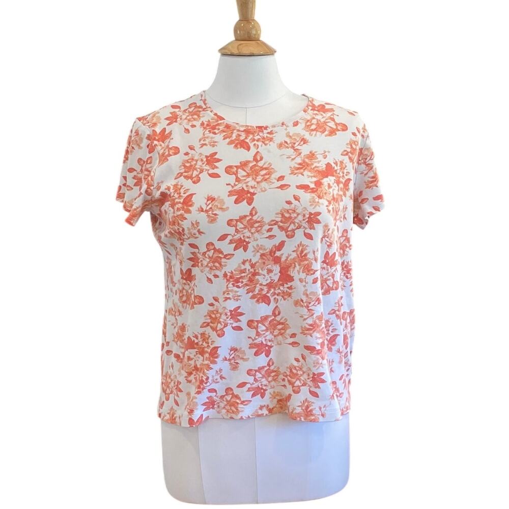 Croft & Barrow Classic Short Sleeve T-Shirt, Orange Floral, Cottage, Summer XL